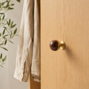 Puede incluir: Un pomo de mueble esférico de madera marrón oscuro con una base de metal de latón cepillado, montado en un panel de madera vertical de color claro. El pomo presenta un acabado suave y pulido en la madera y una placa metálica circular.