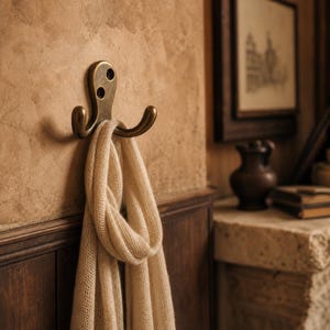 Puede incluir: Un gancho de pared de doble punta hecho de latón antiguo con un acabado liso y redondeado. El gancho está montado en una pared texturizada y sostiene una bufanda de punto ligera de color crema que cuelga en pliegues verticales suaves.