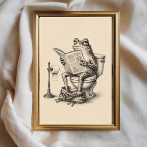 Frog Reading on Toilet Print, Funny Bathroom Art, Vintage Etching Poster, Quirky Restroom Decor, Gentleman Frog Illustration - Downloadable