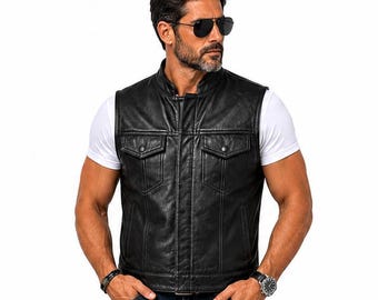 Chaleco de cuero negro para hombre, auténtica piel de oveja / Chaleco de motorista / Chaqueta sin mangas hecha a mano
