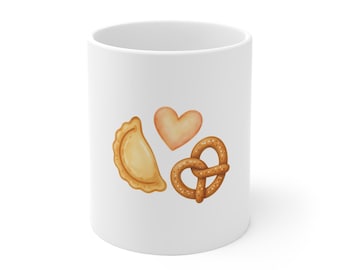 Taza con diseño de pretzel y pierogi - Herencia Polaco-Alemana | Regalo de pretzel y pierogi para papá | Taza de café con diseño de acuarela