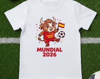 Mundial 2026 Camiseta Niños España | Camisa Torito Mascota | Camiseta Fútbol Niños | Camiseta para niños Mundial de España
