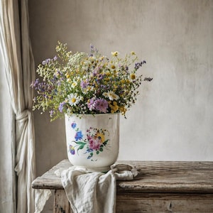 Può includere: Un vivace bouquet di fiori selvatici in un vaso di ceramica bianco con disegni floreali. Il vaso è su un tavolo di legno rustico con un panno di lino. I fiori includono margherite, fiori viola e gialli.