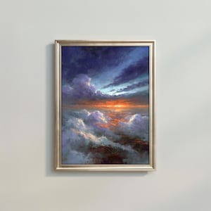 Dramatic Sunset Sky Art Print, Stormy Clouds Seascape Painting, Moody Ocean Landscape, Abstract Sky Wall Art