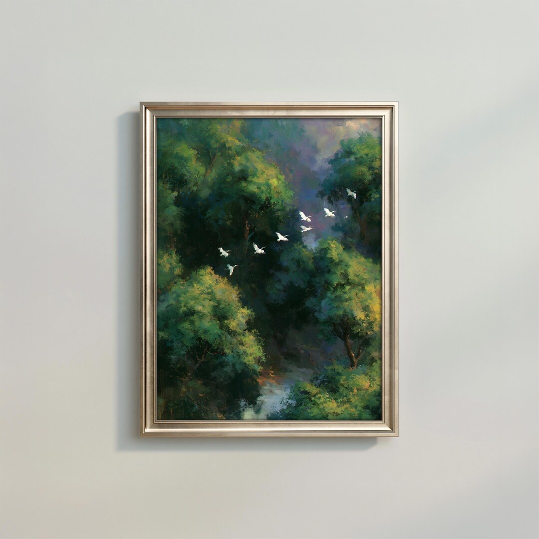 Forest Birds Painting, Dreamy Woodland Art Print, Peaceful Nature Wall ...