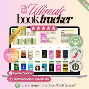 May include: A digital book tracker for Google Sheets displayed on a laptop screen. The interface features a bookshelf graphic, a list of book covers, and detailed tracking fields. Text includes Ultimate book tracker, Bonus gift, Instant download, Spice rating, Free gift, Updated version, and Digital bookshelves and calendar.