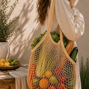 Könnte beinhalten: Ein beigefarbener Netz-Einkaufsbeutel gefüllt mit frischen Produkten, darunter Orangen, Tomaten, Salat und ein Baguette. Der Beutel wird von einer Person in einem cremefarbenen Kleid getragen. Die Szene spielt sich im Freien bei natürlichem Licht ab.