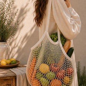 Op de afbeelding: Een beige nettas gevuld met verse producten, waaronder wortelen, citroenen, appels en een baguette. De tas wordt over de schouder gedragen door een persoon in een crèmekleurige jurk. De scène speelt zich buiten af.