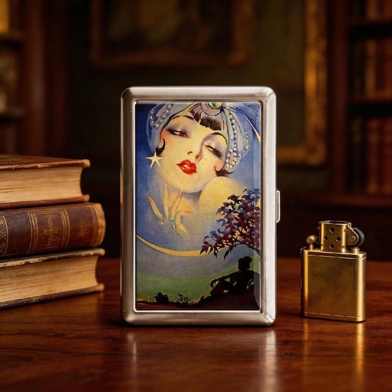 Lady in the Moon Cigarette Case, 1927 Vintage Art Metal Wallet,father's Day Gift