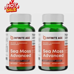 May include: Two identical green plastic bottles of Infinite Age Sea Moss Advanced dietary supplement capsules. Each bottle features a white cap and a label with orange and white text, listing sea moss, bladderwrack, and burdock root ingredients.