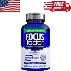 May include: A blue bottle of Focus Factor dietary supplement with a silver cap. The label features the text "EXTRA STRENGTH FOCUS factor Nutrition for the Brain." It also states the product improves memory, concentration, and focus. Contains 120 tablets.