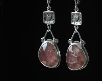 Rose Cut Strawberry Quartz Sterling Silver Dangle Earrings Leverback OOAK