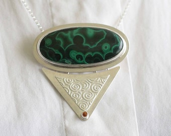 Malachite Sapphire Pendant with Spiral Rollprint - Free Ship