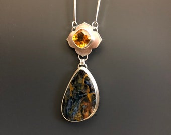 Pietersite and Citrine Pendant with Hand-Made Bone Chain - Free Ship