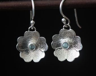 Montana Sapphires Round Brilliant cut Blue Green in Sterling Roll Print Flowers Earrings OOAK