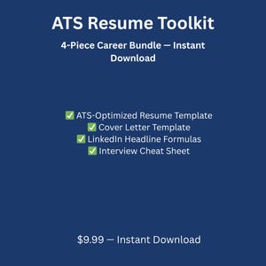 Könnte beinhalten: Eine marineblaue Grafik mit weißem Text, der "ATS Resume Toolkit" lautet. Das Bild listet ein 4-teiliges Karriere-Bundle auf, darunter eine Lebenslaufvorlage, eine Anschreiben-Vorlage, LinkedIn-Formeln und ein Interview-Spickzettel.