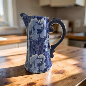 Jarra de loza antigua de estilo victoriano-regencia, azul y blanca.