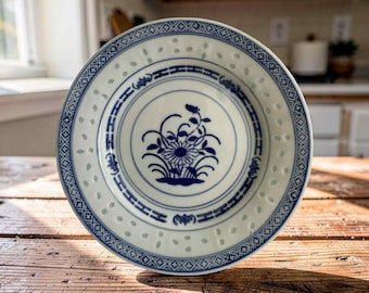 2 x Vintage Chinese Jingdezhen rice grain flower porcelain blue and white plates