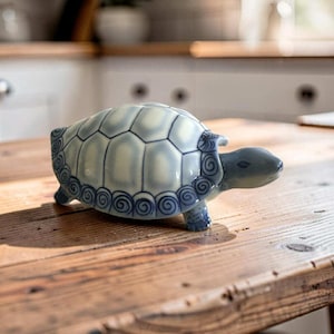Pode incluir: Estatueta de tartaruga de cerâmica com carapaça azul clara e branca e cabeça e pernas azul escuras. A concha apresenta um padrão detalhado. A estatueta é exibida em uma superfície de madeira.