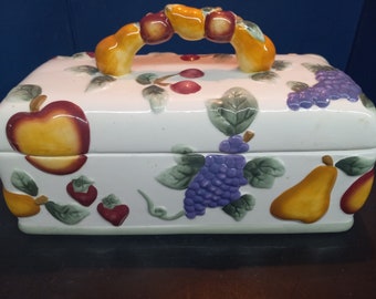 Vintage Hand Painted Ceramic Fruit Design 3D Bread Keeper. Dimensions -14"L x7"D x 8" H.