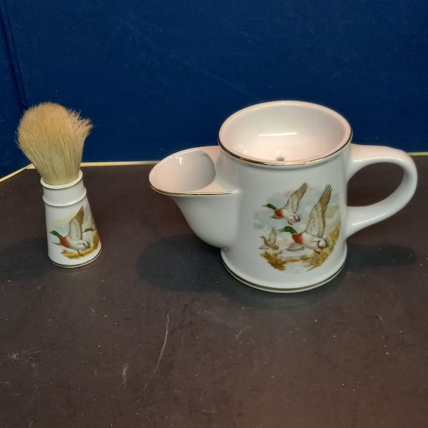 Vintage Duck Shaving Mug & Brush Set, Royal London Gentlemens Gifts 4" w/Gold Rim.