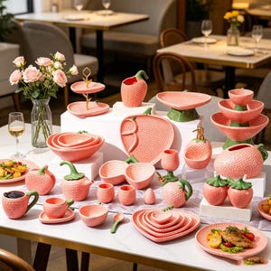 May include: A collection of pink strawberry-themed ceramic tableware including plates, bowls, cups, a teapot, a soap dispenser, and salt and pepper shakers. Each piece features a textured pink surface with green stems and leaves, arranged on a table.