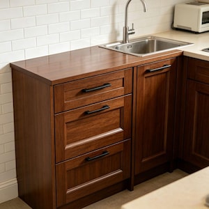 May include: A kitchen base cabinet unit featuring three stacked drawers and one adjacent cabinet door, all crafted from dark brown wood with a visible grain. Each drawer and the door are fitted with a matte black horizontal metal handle.