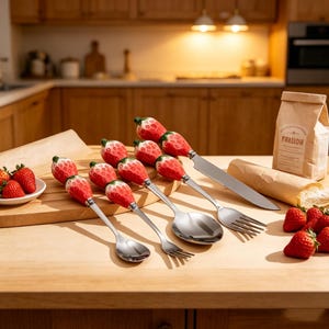 Puede incluir: Un juego de cubiertos de acero inoxidable con mangos en forma de fresas rojas con hojas verdes. La colección incluye cucharas, tenedores y un cuchillo de sierra, dispuestos sobre una superficie de madera junto a fresas frescas y una bolsa.