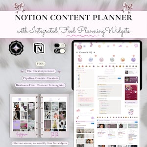 May include: A digital Notion content planner with integrated feed planning widgets. The planner includes sections for Instagram and TikTok, with lifetime access and no monthly fees. The design is light with a soft pink and white color scheme.