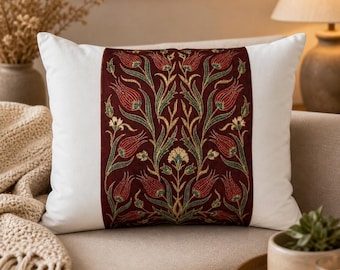 Ottomanstyledecor.Morris Floral Stripe Pillow Sham | Vintage Botanical Pattern, Red