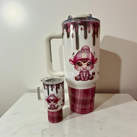 40oz Stainless Steel Tumbler with Baby Cow Design (Includes Mini Tumbler)