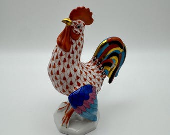 Herend Handpainted Porcelain Rooster Blue Fishnet 24K Gold Accents