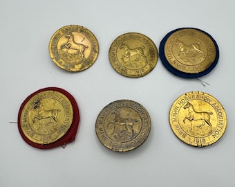 May include: Six circular gold-toned metal badges from the Bryn Mawr Horse Show Association dated 1918. Each badge features an embossed horse in the center with text around the perimeter. Two badges are mounted on circular fabric backings in red and blue.