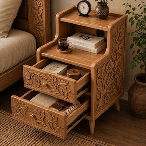 Table de chevet en bois sculpté à la main | Table de chevet rustique à tiroirs fleuris
