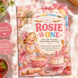 Inbjudningskort till Little Chef-födelsedag, flicka, Canva-mall | 1BG 0186