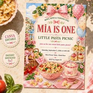 Pode incluir: Um cartão de convite de aniversário intitulado Mia Is One Little Pasta Picnic com ilustrações em aquarela de um laço rosa, balões, uma tigela de massa farfalle e um bolo. O texto inclui detalhes do evento para 5 de setembro de 2026.