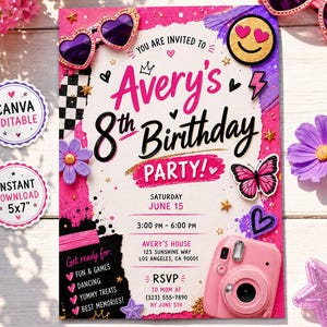 May include: A pink and white birthday party invitation card featuring the text Avery's 8th Birthday Party, a pink camera, heart-shaped sunglasses, a butterfly, and a smiley face. The card includes event details like date, time, and location.