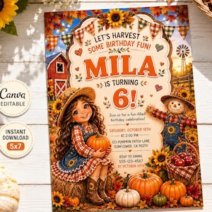 Op de afbeelding: Een rechthoekige verjaardagsuitnodigingskaart met een herfstoogstthema met zonnebloemen, pompoenen en een vogelverschrikker. De tekst luidt: LET'S HARVEST SOME BIRTHDAY FUN! MILA IS TURNING 6! Join us for a fun-filled birthday celebration! SATURDAY, OCTOBER 18TH AT 2:00 PM 123 PUMPKIN PATCH LANE SUNFLOWER, CA 90210 RSVP TO EMMA 555-123-4567 BY OCTOBER 10TH.