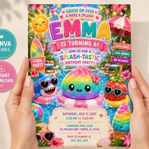 Inbjudan till poolparty med kanvas, flicka, stänkregnbåge, sommarfödelsedag | BIG 0053P