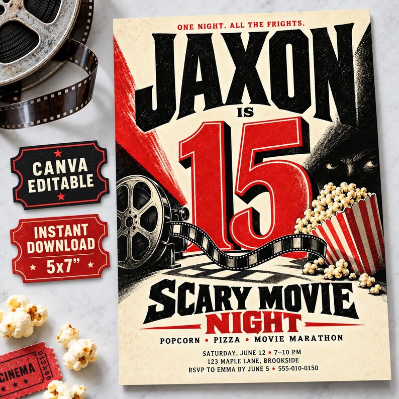 Scary Movie Night Birthday Invitation, Retro Horror Party, Editable ...