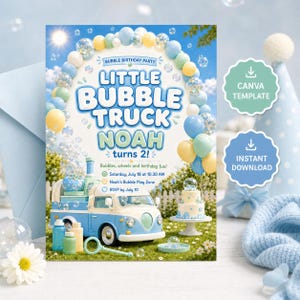Redigerbar Canva-inbjudan för liten bubbellastbil | Digital nedladdning för pojkebubblafödelsedag | BB 0001 M