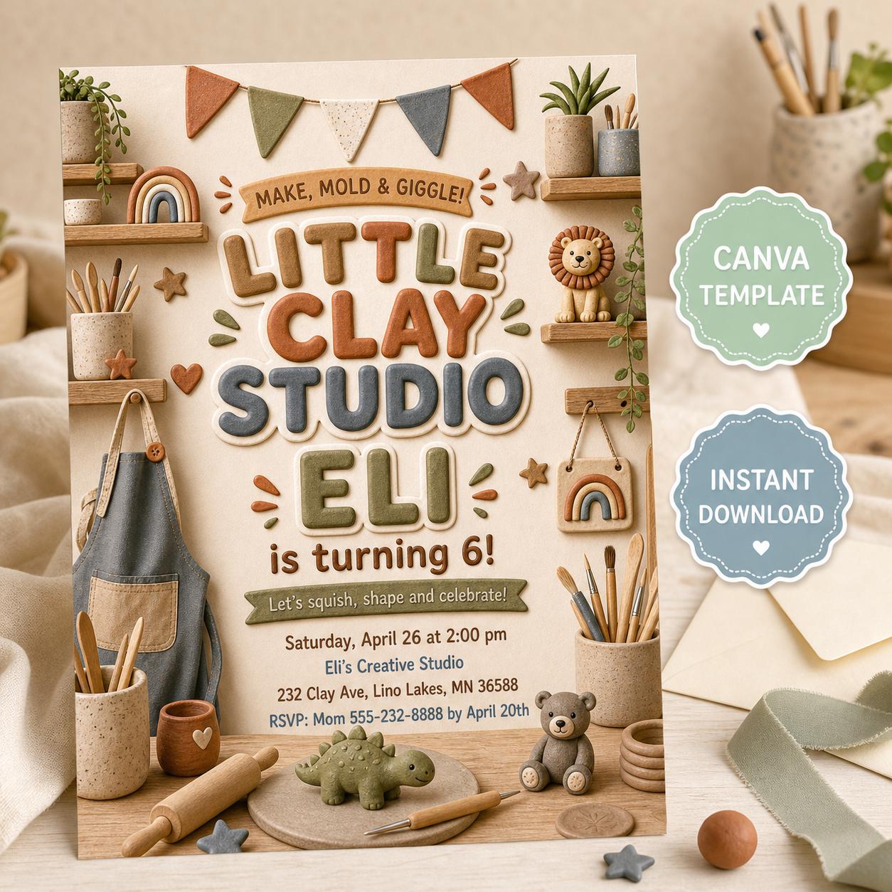 Clay Studio Birthday Invitation Canva Editable Kids Craft Party…