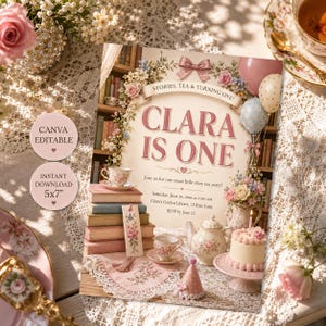 Convite de Aniversário de Um Ano para Menina com Tema de Chá e Histórias - Modelo Canva | 1BG 0193