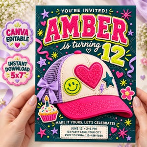 May include: A birthday invitation card featuring a dark teal background with the text AMBER is turning 12. The design includes a white and pink baseball cap with a heart, smiley face, and star patches, a cupcake, and party details for June 12.
