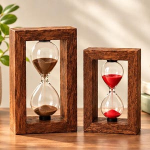 May include: Two rectangular hourglasses with dark brown textured wooden frames. The taller hourglass contains brown sand, while the shorter hourglass contains vibrant red sand. Both feature clear glass bulbs held within the sturdy wooden structures.