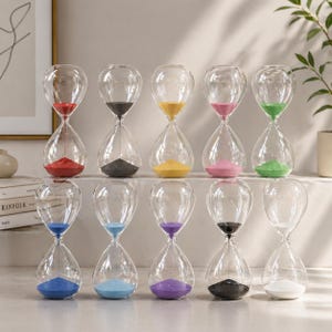 Può includere: Una collezione di dieci clessidre in vetro trasparente, ciascuna riempita di sabbia colorata. I colori della sabbia includono rosso, nero, giallo, rosa, verde, blu, azzurro, viola, nero e bianco. Le clessidre sono esposte su una mensola.