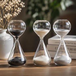 May include: Three clear glass hourglasses arranged in a row. The first contains black sand, the second contains off-white sand, and the third contains light gray sand. Each hourglass features a rounded top bulb and a conical base.