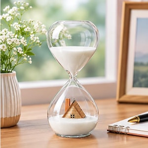 Könnte beinhalten: Eine Sanduhr aus klarem Glas mit weißem Sand. Im unteren Teil befindet sich ein kleines, detailliertes Holzhausmodell mit braunem Dach und Schornstein, das teilweise im weißen Sand versinkt, während dieser vom oberen Teil nach unten fließt.
