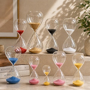 May include: A selection of clear glass hourglasses with coloured sand in red, gold, black, white, blue, pink, and yellow. The hourglasses vary in size and shape, ideal for home decor or as decorative timepieces, measured in cm.