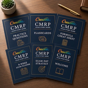 Puede incluir: Una colección de guías de estudio azul oscuro con texto y detalles dorados, etiquetadas como "Cresvera CMRP Exam Study Guide". Los títulos incluyen "Practice Questions", "Flashcards" y "Formula Cheat Sheet". También se ven un bolígrafo y una pequeña planta.